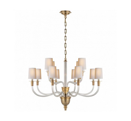 null - Vivian Large Two-Tier Chandelier Antique Brass/Linen Shades