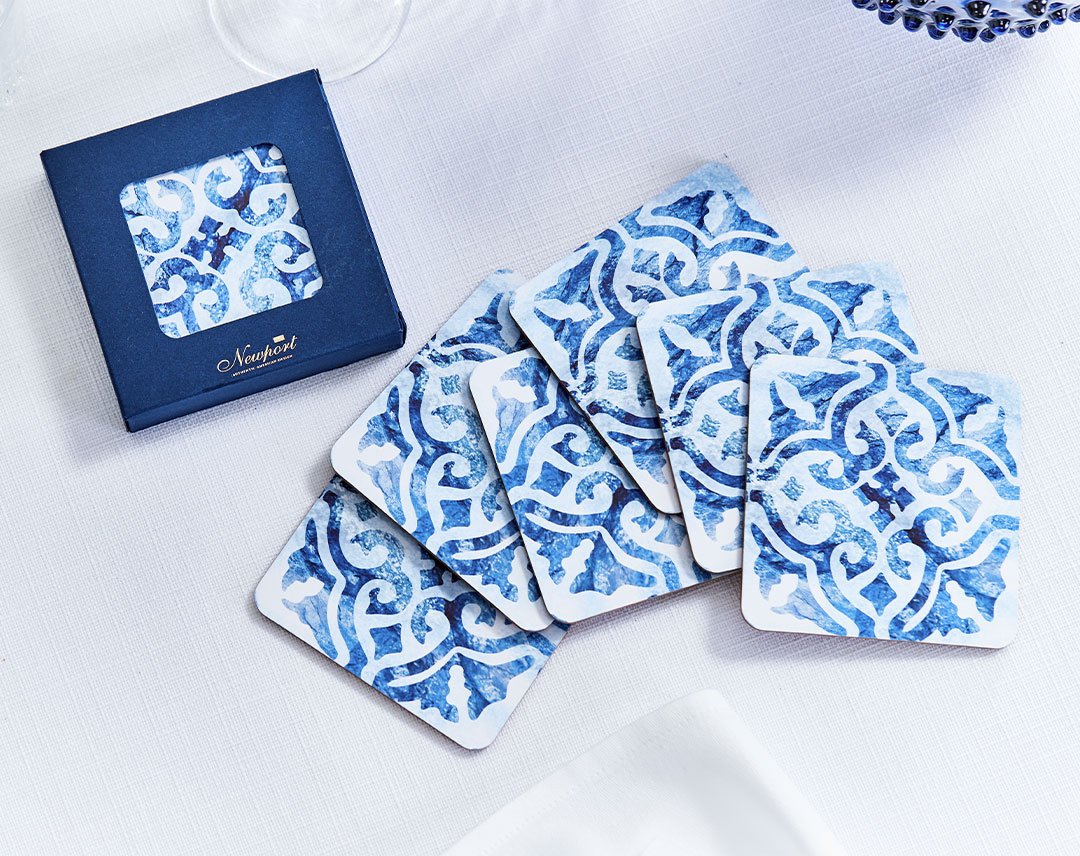Portofino glassbrikker, blå/hvite 6-pakning