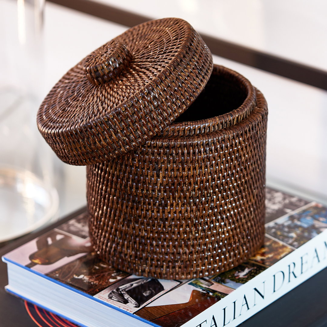 Cognac Storage Basket with Lid Rattan