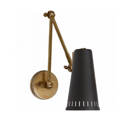 null - Antonio Adjustable Two Arm Wall Lamp Antique Brass/Matte Black Shade