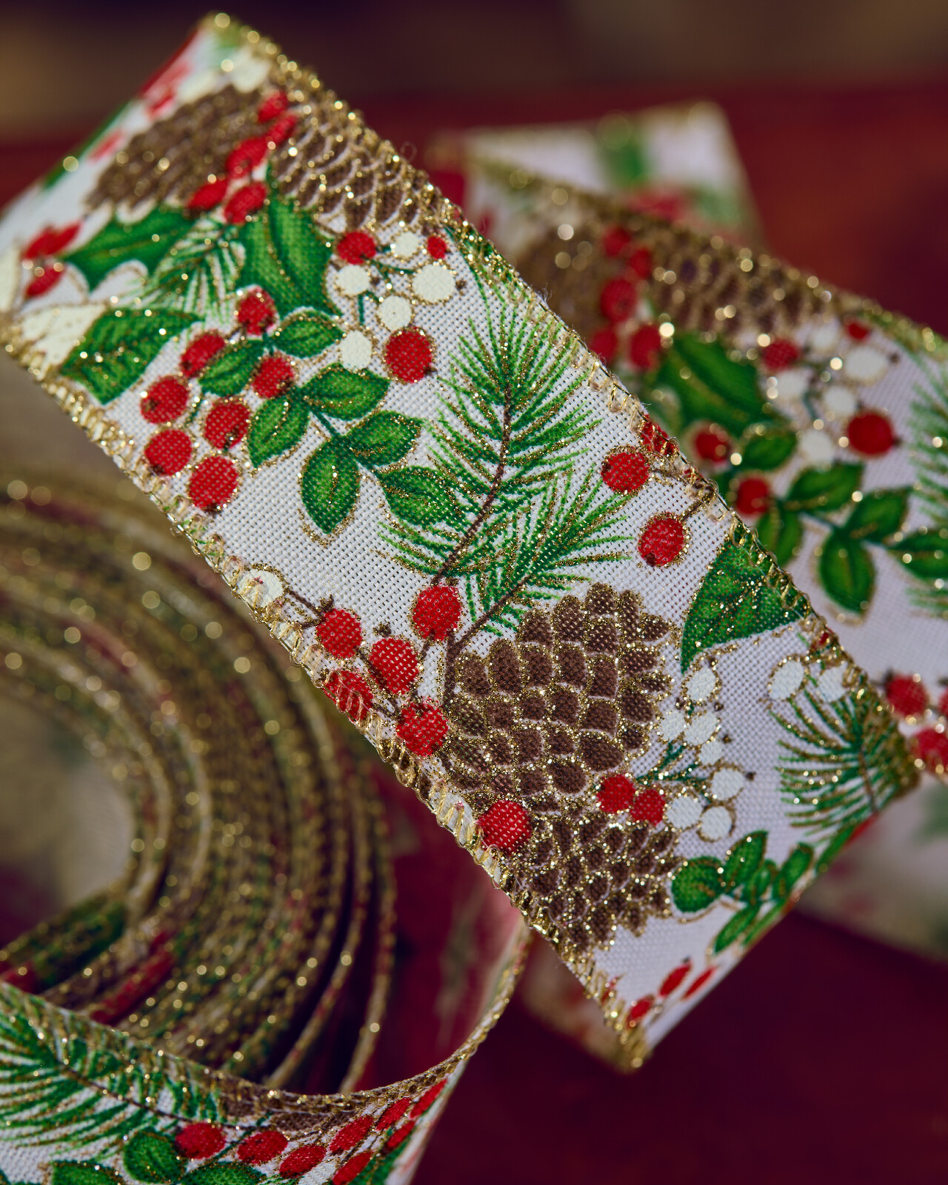 Holly Season textile ribbon beige/red/green 9 m