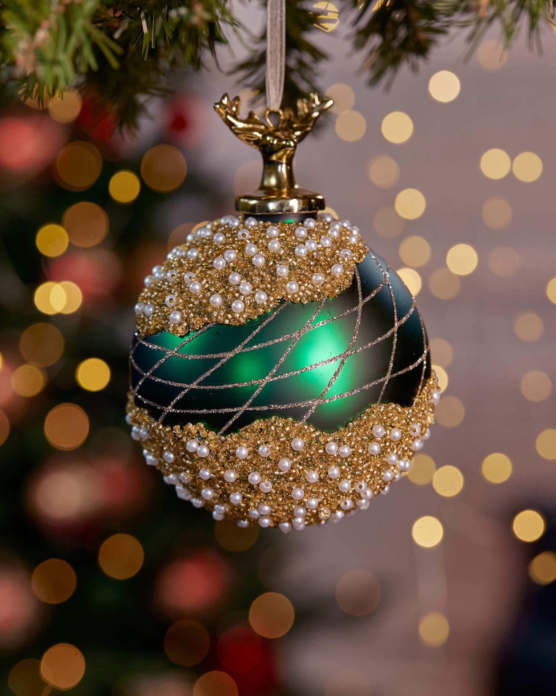 Festive Stag kerstbal groen/goud 10 cm