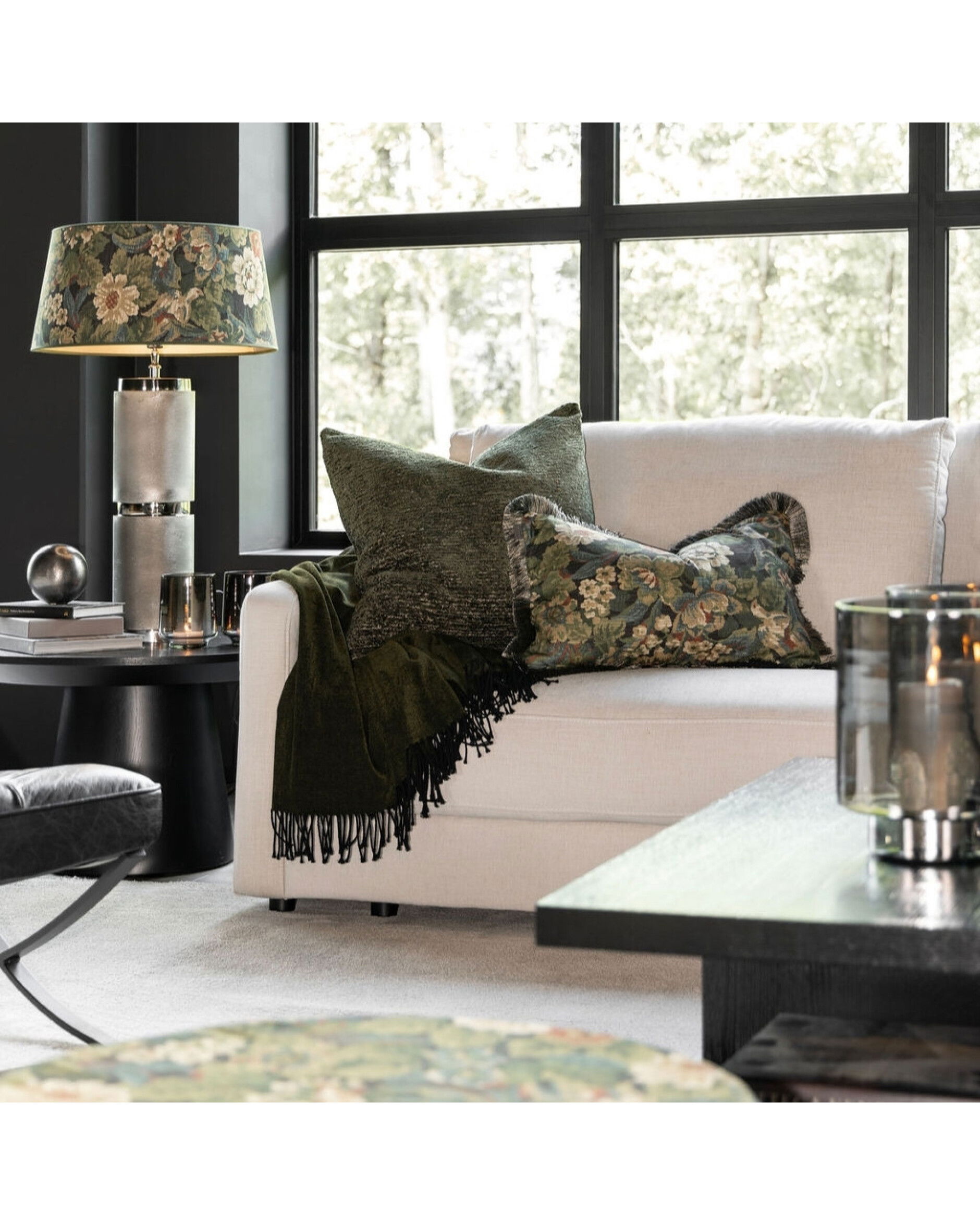 Ebonleaf Flower Cushion Cover Fringe Green