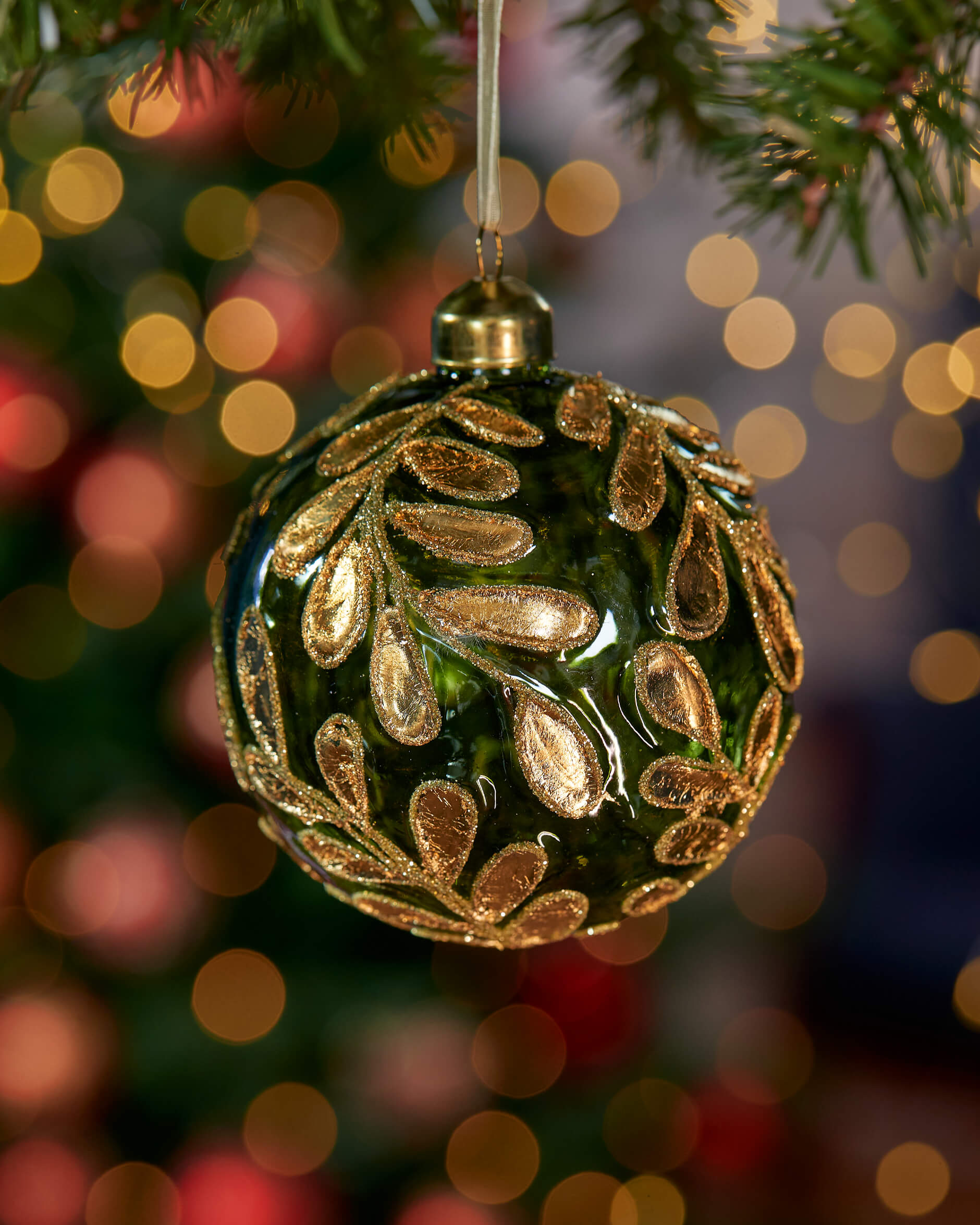 Golden Leaves julkula guld/grön 2-pack 10cm