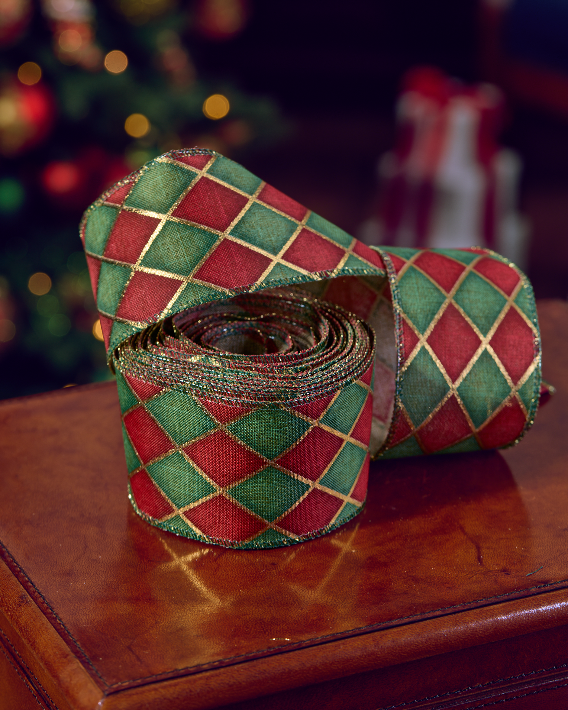 Harlequin textile ribbon tartan green/red 9 m