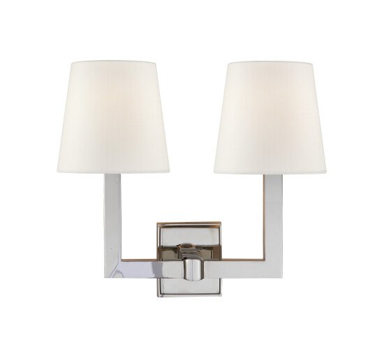 Polished Nickel - Square Tube Double Sconce Antique Brass/Linen