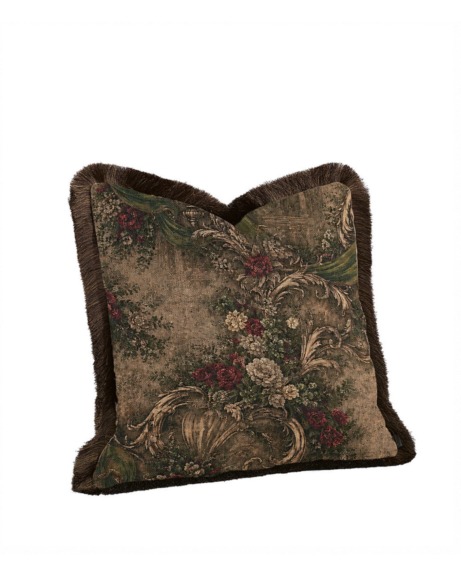 Verona cushion cover with fringes, floral tobacco
