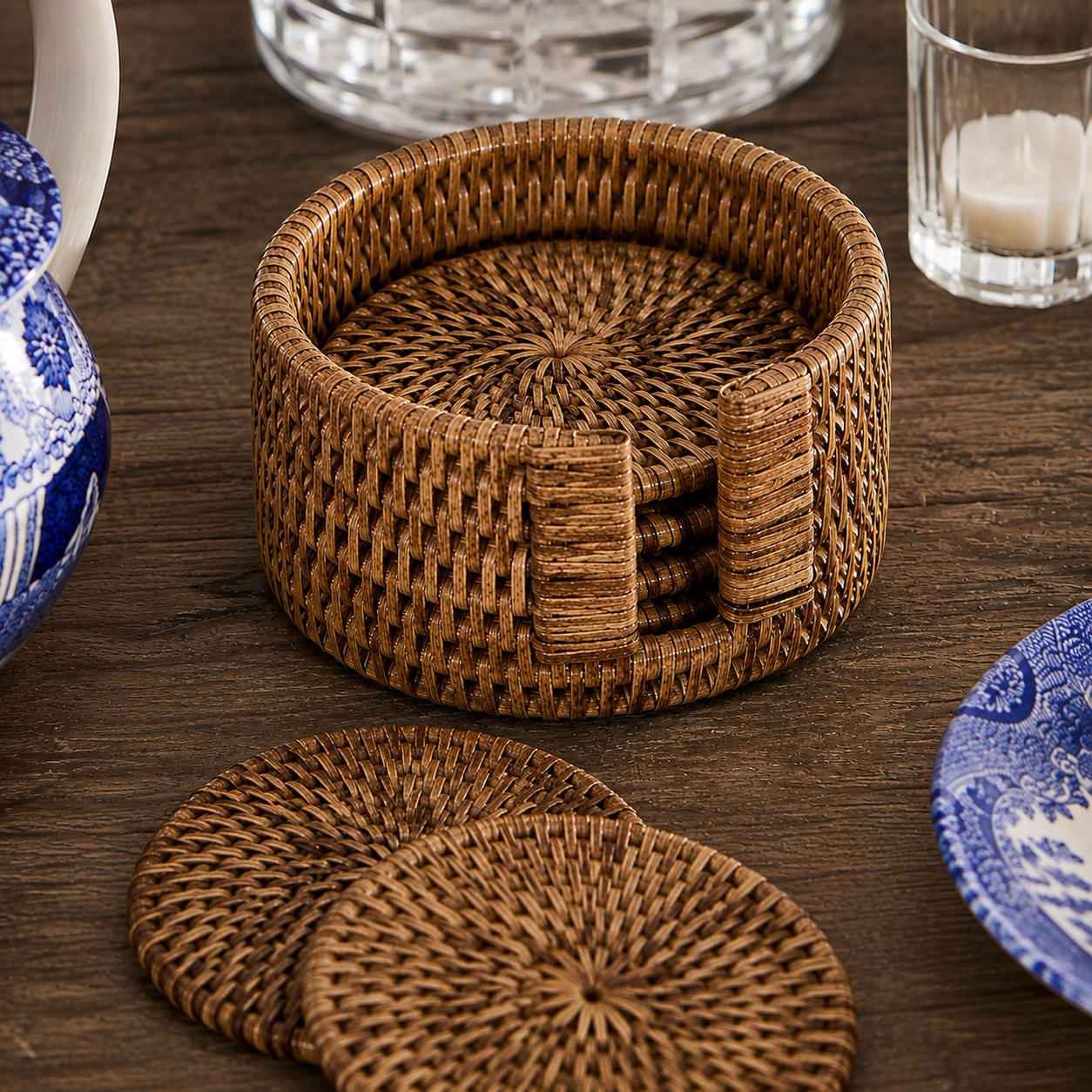 Antique glasbrikker rattan 6-pak