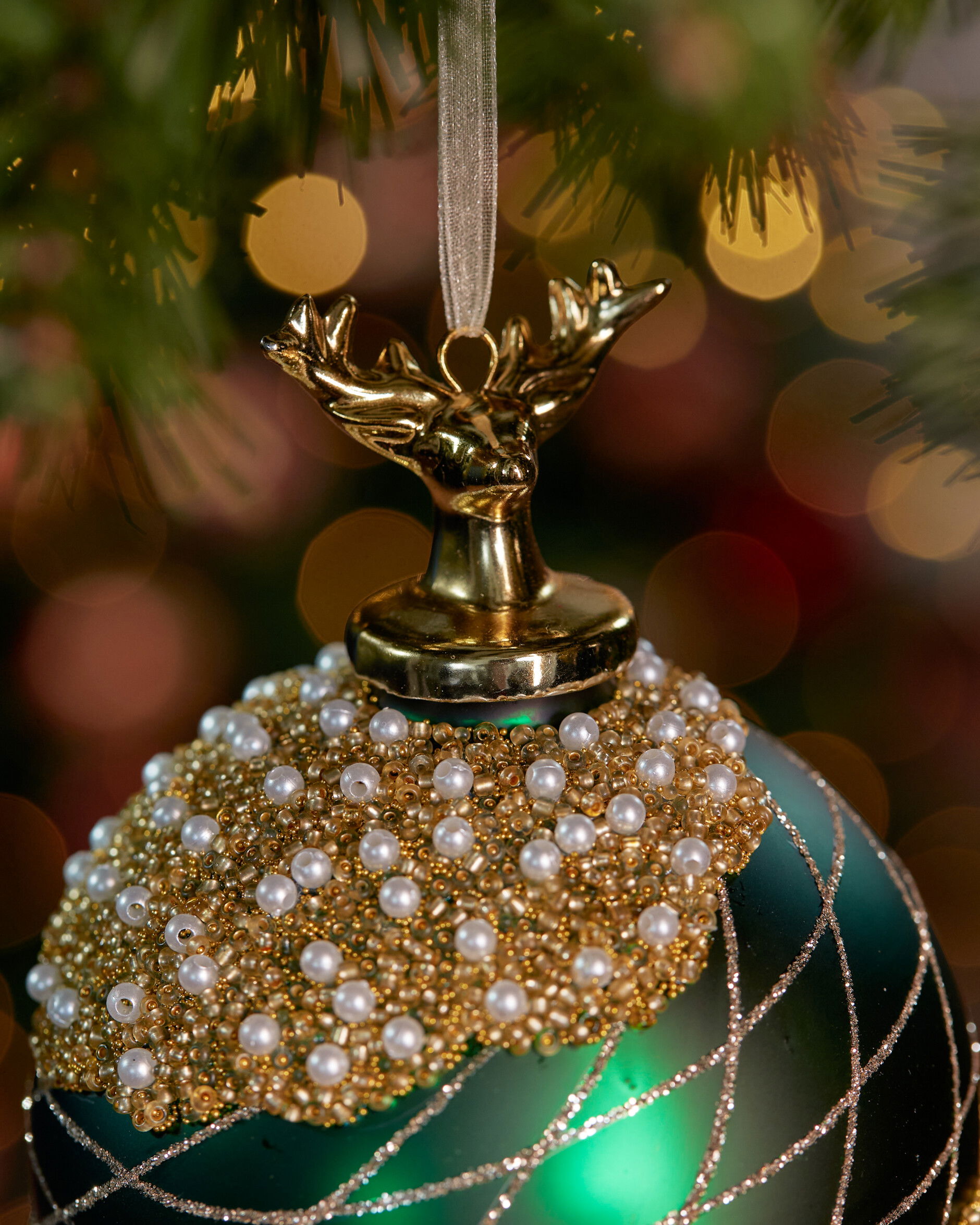 Festive Stag kerstbal groen/goud 10 cm