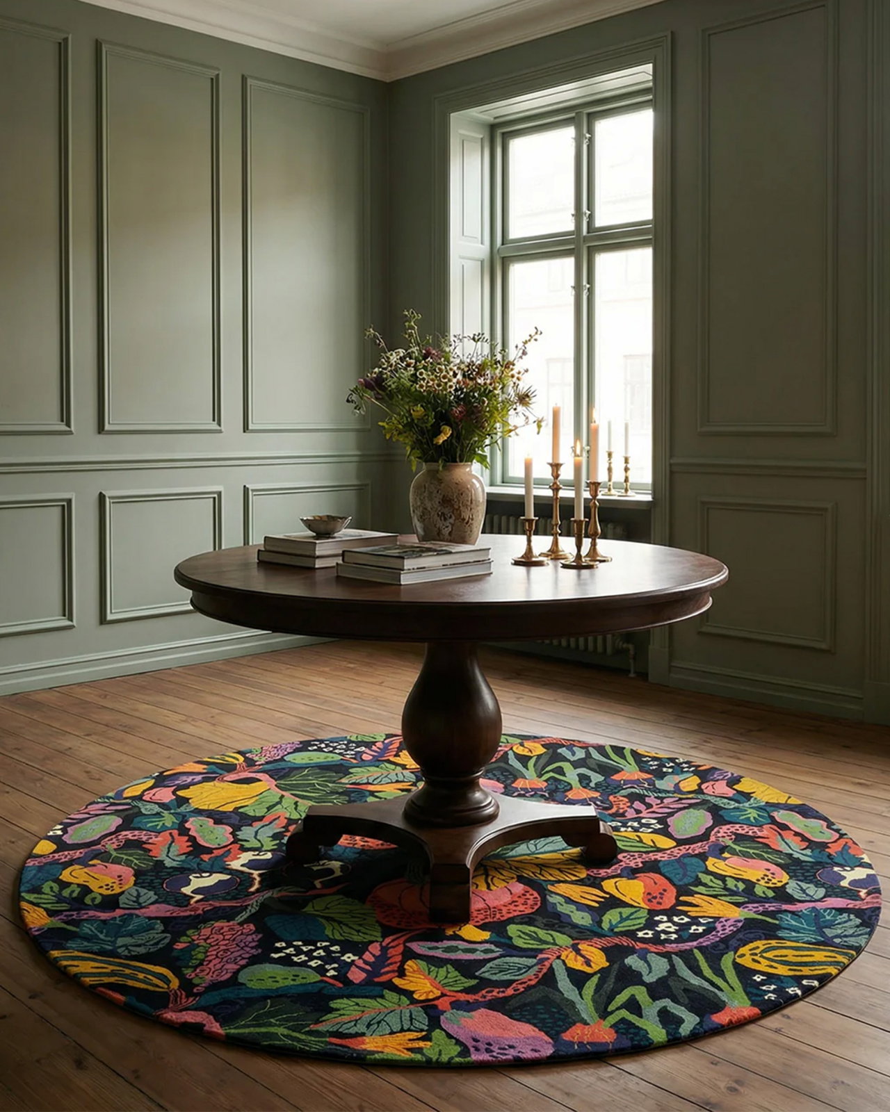 Heritage Garden round rug, charcoal