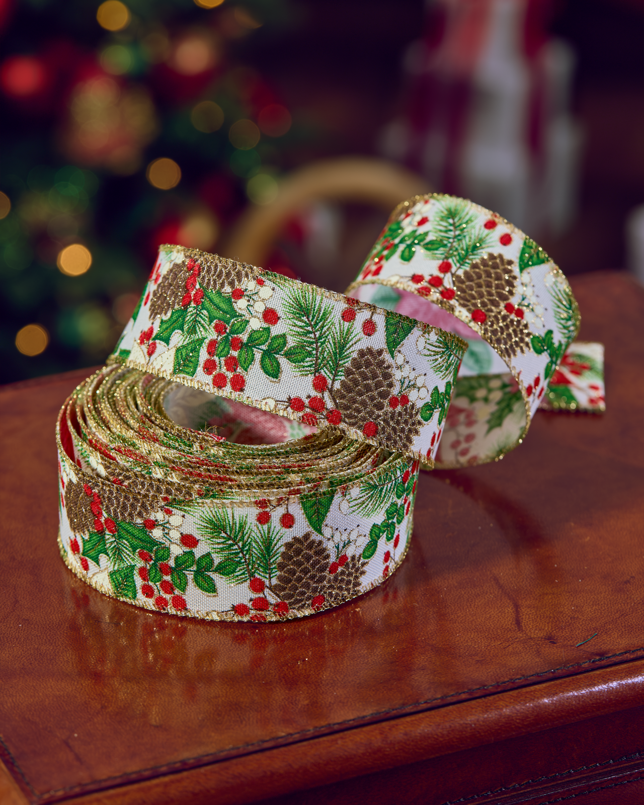 Holly Season textile ribbon beige/red/green 9 m