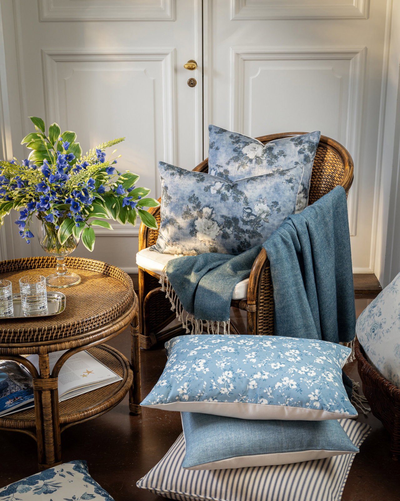 Impasto Floral Denim Cushion Cover - Blue