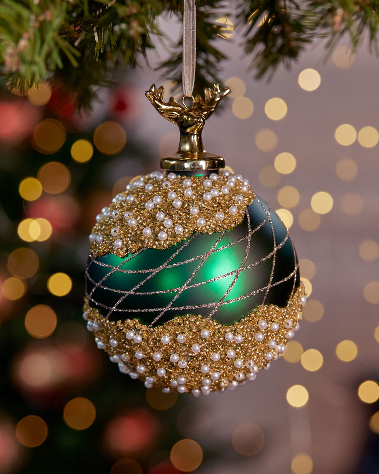 Festive Stag kerstbal groen/goud 10 cm