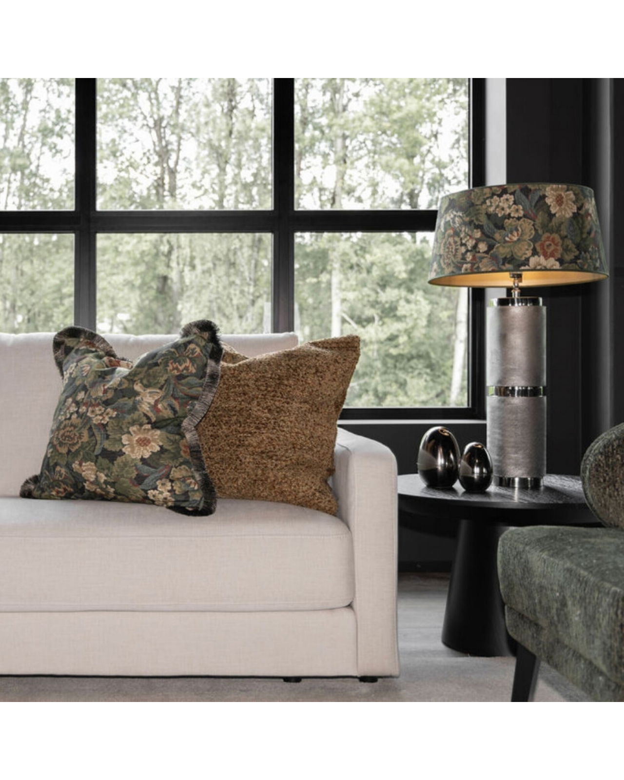Ebonleaf Flower Cushion Cover Fringe Green