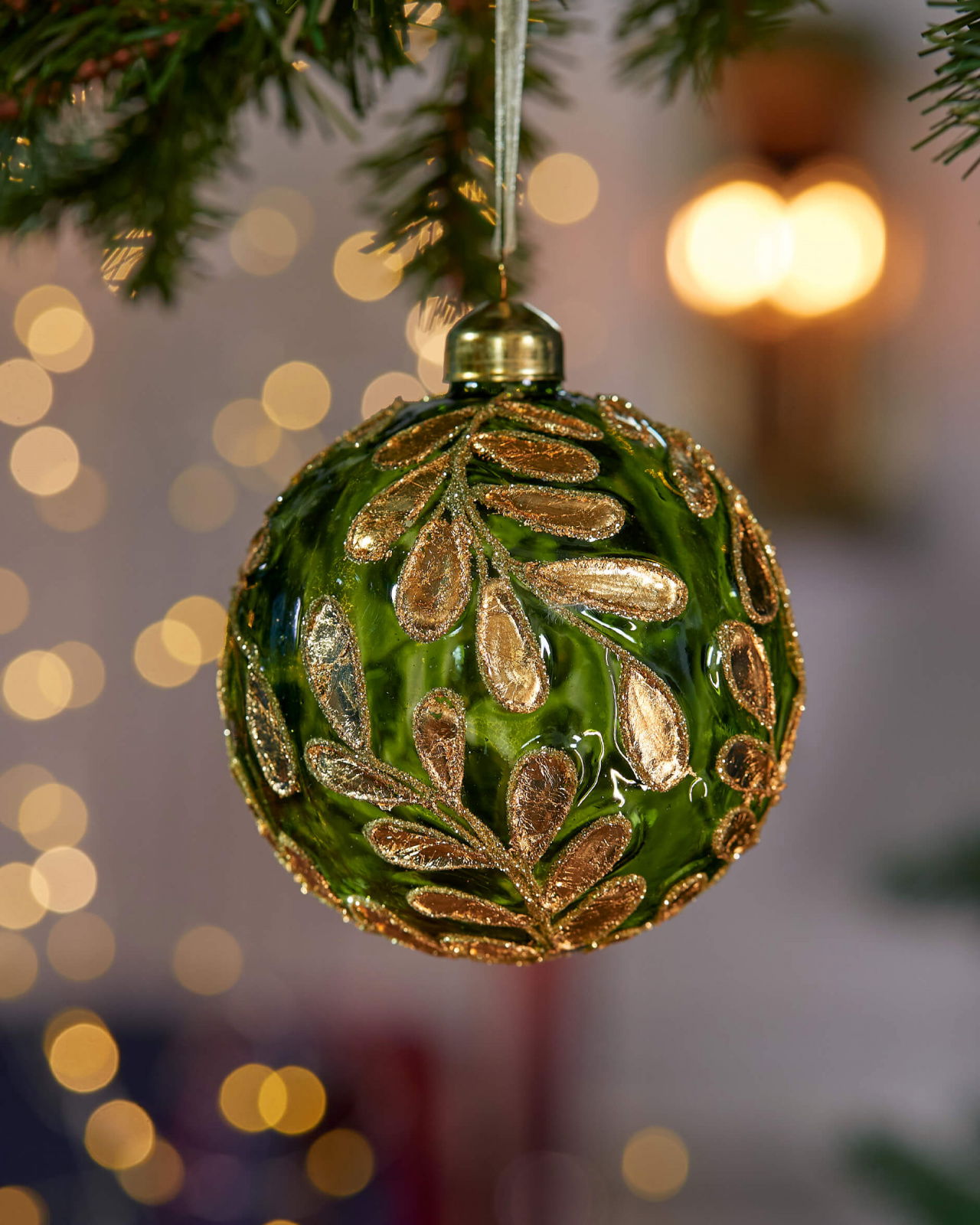 Golden Leaves julkula guld/grön 2-pack 10cm