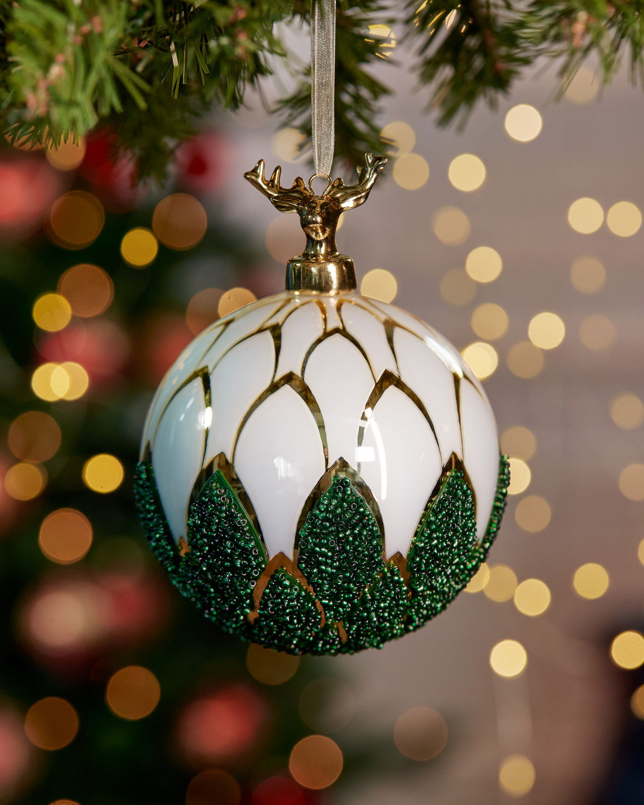 Garden Stag kerstbal groen/wit 10 cm