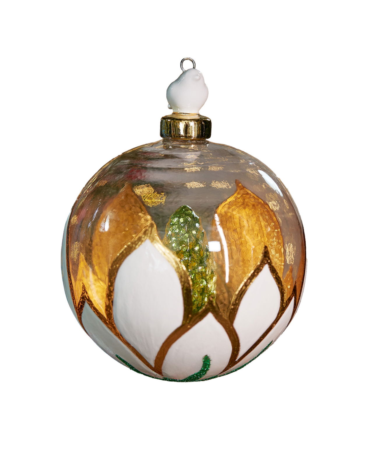 Feathered Friend julekule gull/hvit 10 cm